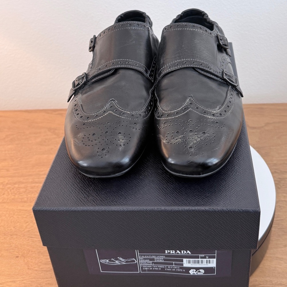Prada 2EG469 Mens Leather Double Monk Strap Wingtip Shoes Grey Black UK 9